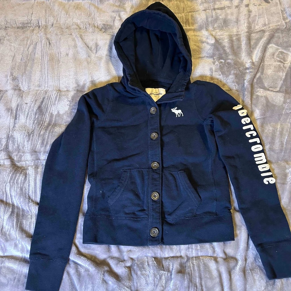 Abercrombie Kids Navy Blue Button Front Hoodie Sweatshirt Moose Logo‎ XL 14/16